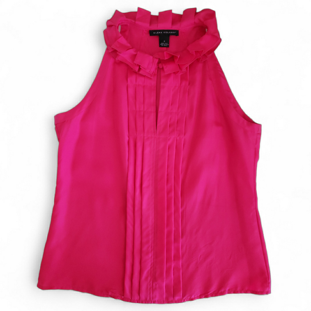 Elena Solano Hot Pink 100% Silk Top Sleeveless Halter With Ruffle Size Small